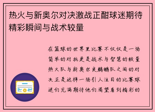 热火与新奥尔对决激战正酣球迷期待精彩瞬间与战术较量