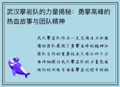 武汉攀岩队的力量揭秘：勇攀高峰的热血故事与团队精神
