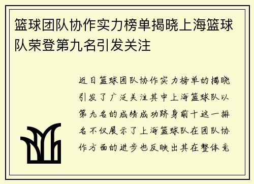 篮球团队协作实力榜单揭晓上海篮球队荣登第九名引发关注