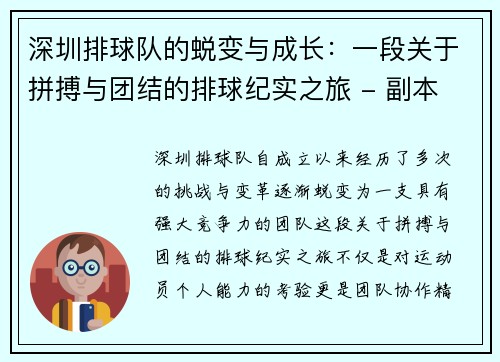 深圳排球队的蜕变与成长：一段关于拼搏与团结的排球纪实之旅 - 副本