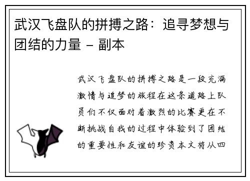 武汉飞盘队的拼搏之路：追寻梦想与团结的力量 - 副本