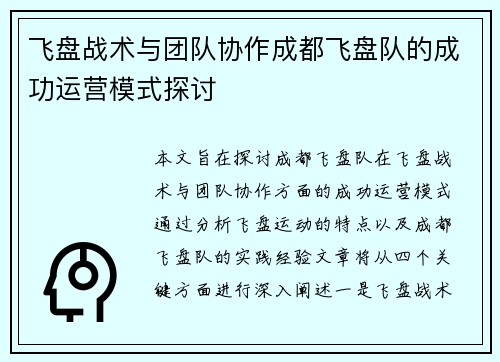 飞盘战术与团队协作成都飞盘队的成功运营模式探讨