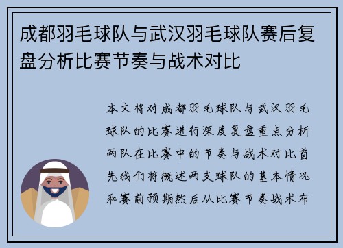 成都羽毛球队与武汉羽毛球队赛后复盘分析比赛节奏与战术对比