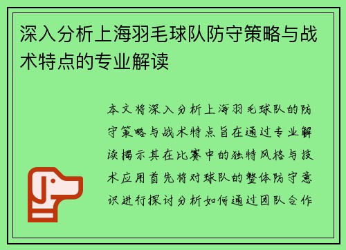 深入分析上海羽毛球队防守策略与战术特点的专业解读